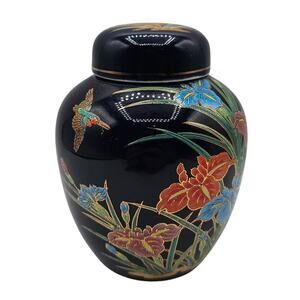 Toyo Ginger jar urn small 5" tall Japan Gosu Iris Cobalt Blue Flower Bird